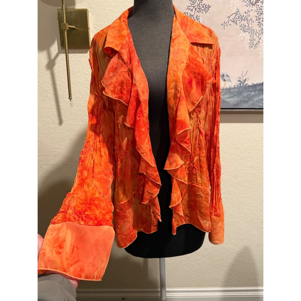 Dress-U By Sharon Orange Tie Dye Ruffle Blouse XL Sheer Rosette Textured Top